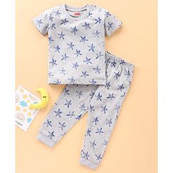 Babyhug Half Sleeves T-Shirt & Pyjama Star Print - Grey