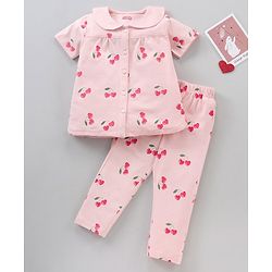 Babyhug Half Sleeves Cotton Night Suit Cherry Print- Pink