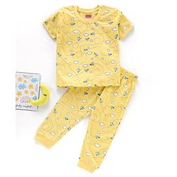 Babyhug Half Sleeves T-Shirt & Pyjama Set Airplane Print - Yellow
