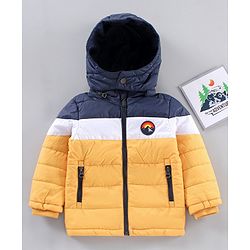 Babyhug Full Sleeves Color Block Hooded Jacket- Navy White Yellow