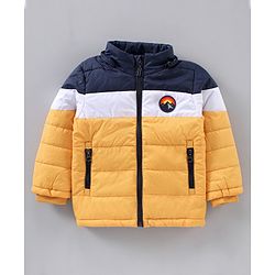Babyhug Full Sleeves Color Block Hooded Jacket- Navy White Yellow