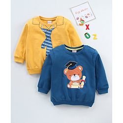 Babyhug Full Sleeves Sweatshirts Bear Print Pack of 2 - Yellow Blue