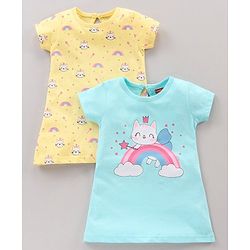 Babyhug Half Sleeves Nighty Kitty Print Pack of 2 - Blue Yellow