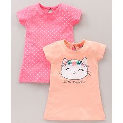 Babyhug Half Sleeves Nighty Kitty Dot & Print Pack of 2 - Peach Pink