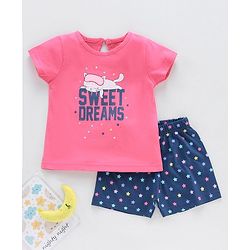 Babyhug Half Sleeves Printed Top & Shorts - Pink Navy