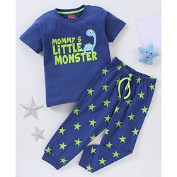 Babyhug Cotton Half Sleeves Night Suit Star and Text Print - Navy Blue