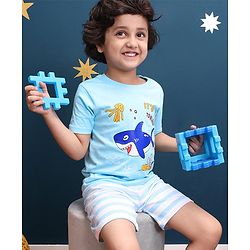 Babyhug Half Sleeves Cotton Shorts Set Shark Printed - Blue