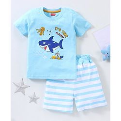 Babyhug Half Sleeves Cotton Shorts Set Shark Printed - Blue