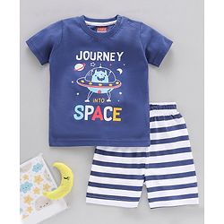 Babyhug Cotton Half Sleeves Night Suit Stripes and Journey into Space Print - Navy Blue