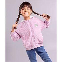 Babyhug Knit Full Sleeves Cable Knitted & Sequins Detailing Hooded Sweater - Purple