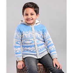 Babyhug Knit Full Sleeves Intarsia Printed Hooded Sweater - Grey Blue
