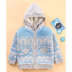 Babyhug Knit Full Sleeves Intarsia Printed Hooded Sweater - Grey Blue
