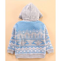 Babyhug Knit Full Sleeves Intarsia Printed Hooded Sweater - Grey Blue
