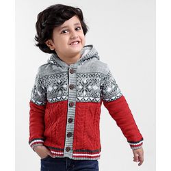 Babyhug Knitted Full Sleeves Front Open Hooded Sweater Cable Knit - Red Grey