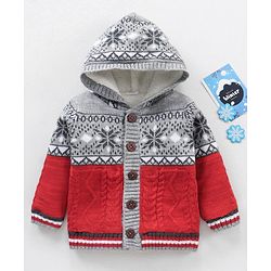 Babyhug Knitted Full Sleeves Front Open Hooded Sweater Cable Knit - Red Grey