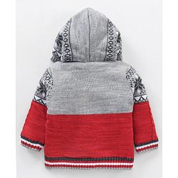 Babyhug Knitted Full Sleeves Front Open Hooded Sweater Cable Knit - Red Grey