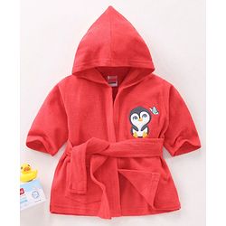 Babyhug Three Fourth Sleeves Hooded Bath Robe Penguin Embroidery- Red