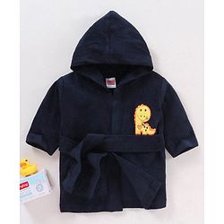 Babyhug Cotton Full Sleeves Dino Embroidery Hooded Bath Rob - Navy