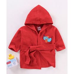 Babyhug Cotton Full Sleeves Airplane Embroidery Hooded Bath Rob - Red