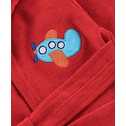 Babyhug Cotton Full Sleeves Airplane Embroidery Hooded Bath Rob - Red