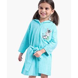 Babyhug Cotton Full Sleeves Zebra Embroidery Hooded Bath Rob - Aqua