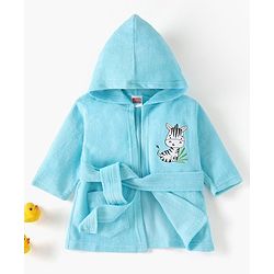 Babyhug Cotton Full Sleeves Zebra Embroidery Hooded Bath Rob - Aqua