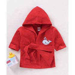Babyhug Cotton Full Sleeves Whale Embroidery Hooded Bath Robe - Red