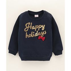 Babyhug Full Sleeves Sweatshirt With Sequence Embroidery & Bow Detailing- Navy