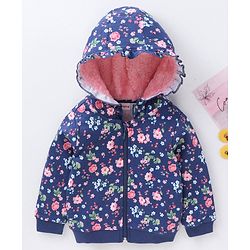 Babyhug Cotton Knit Full Sleeves Hooded Sweat Jacket Floral Print - Blue