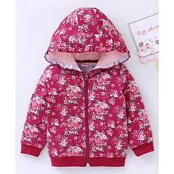 Babyhug Cotton Knit Full Sleeves Hooded Jacket Floral Print - Maroon