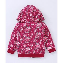 Babyhug Cotton Knit Full Sleeves Hooded Jacket Floral Print - Maroon