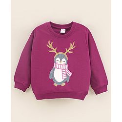 Babyhug Full Sleeves Knit Sweatshirt Penguin Print & Sequin Applique - Violet