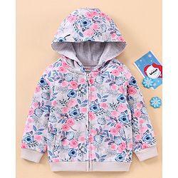 Babyhug Full Sleeves Hooded Sweat Jacket Floral Print - Grey Pink