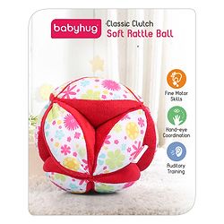 Babyhug Classic Clutch Soft Rattle Ball with Floral Print|Sensory Toy with Gentle Sound|Motor Skills, Visual Tracking & Tactile Exploration|Lightweight & Durable|BIS|0-24 Months|Red