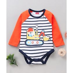 Babyhug 100% Cotton Full Sleeves Onesie Printed & Stripes - Orange