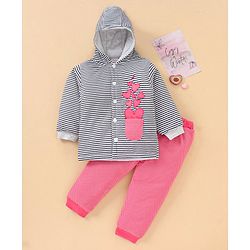 Babyhug Cotton Winter Wear Heart Patched Hooded T-Shirt and Dotted Lounge Pant - Navy Blue Pink