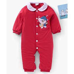 Babyhug Full Sleeves Romper Bear Embroidery - Red