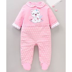 Babyhug Woven Full Sleeves Rompers Kitty Applique - Pink