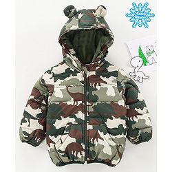 Babyhug Full Sleeves Woven Hooded Padded Jacket Dino Print - Green