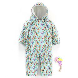 Babyhug Woven Full Sleeves Hooded Rompers Balloons Print - Blue