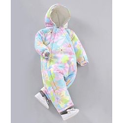 Babyhug Woven Full Sleeves Hooded Rompers Abstract Floral Print - Multicolour