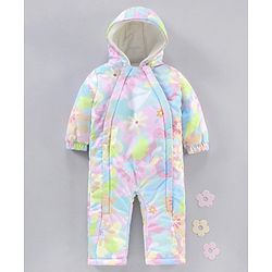 Babyhug Woven Full Sleeves Hooded Rompers Abstract Floral Print - Multicolour