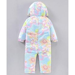 Babyhug Woven Full Sleeves Hooded Rompers Abstract Floral Print - Multicolour