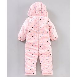 Babyhug Woven Full Sleeves Hooded Heart Print Romper - Pink