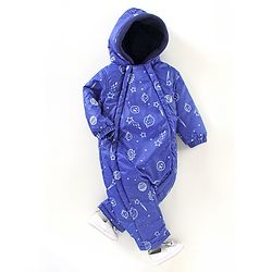 Babyhug Woven Full Sleeves Hooded Printed Romper - Blue