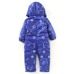 Babyhug Woven Full Sleeves Hooded Printed Romper - Blue
