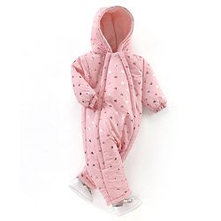 Babyhug Full Sleeves Winter Wear Hooded Romper Heart Print - Pink