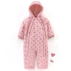 Babyhug Full Sleeves Winter Wear Hooded Romper Heart Print - Pink