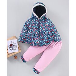 Babyhug Winter Wear Full Sleeves Hooded Padded Jacket & Lounge Pant Floral Print - Navy Blue Light Pink