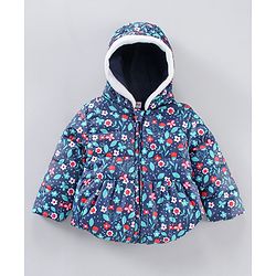 Babyhug Winter Wear Full Sleeves Hooded Padded Jacket & Lounge Pant Floral Print - Navy Blue Light Pink